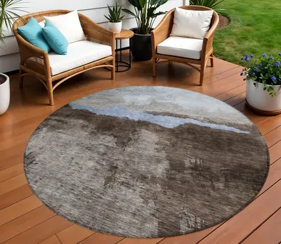 8' Chocolate Gray And Blue Round Abstract Washable Indoor Outdoor Area Rug