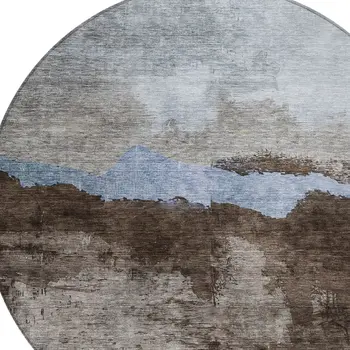 8' Chocolate Gray And Blue Round Abstract Washable Indoor Outdoor Area Rug