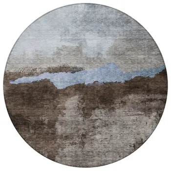 8' Chocolate Gray And Blue Round Abstract Washable Indoor Outdoor Area Rug