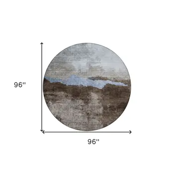 8' Chocolate Gray And Blue Round Abstract Washable Indoor Outdoor Area Rug