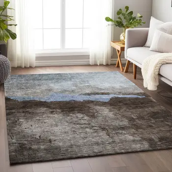 9' X 12' Chocolate Gray And Blue Abstract Washable Indoor Outdoor Area Rug