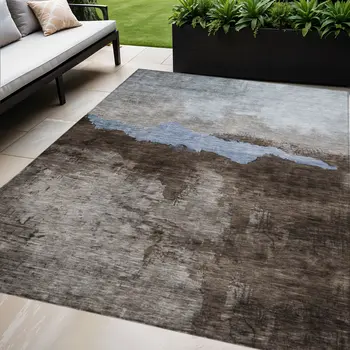 10' X 14' Chocolate Gray And Blue Abstract Washable Indoor Outdoor Area Rug