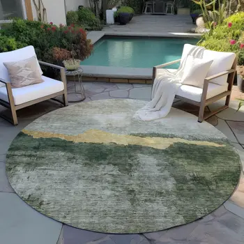8' Fern Green Gold And Gray Round Abstract Washable Indoor Outdoor Area Rug