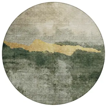 8' Fern Green Gold And Gray Round Abstract Washable Indoor Outdoor Area Rug