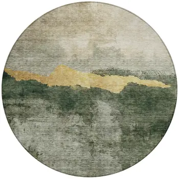 8' Fern Green Gold And Gray Round Abstract Washable Indoor Outdoor Area Rug