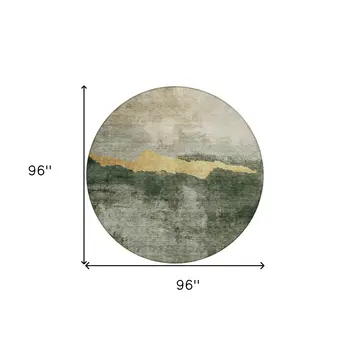 8' Fern Green Gold And Gray Round Abstract Washable Indoor Outdoor Area Rug
