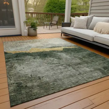 8' X 10' Fern Green Gold And Gray Abstract Washable Indoor Outdoor Area Rug