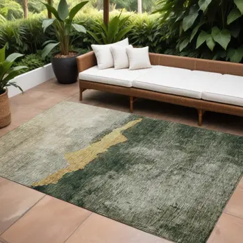 9' X 12' Fern Green Gold And Gray Abstract Washable Indoor Outdoor Area Rug