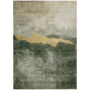 9' X 12' Fern Green Gold And Gray Abstract Washable Indoor Outdoor Area Rug