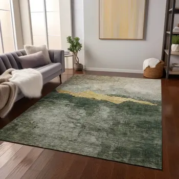 9' X 12' Fern Green Gold And Gray Abstract Washable Indoor Outdoor Area Rug