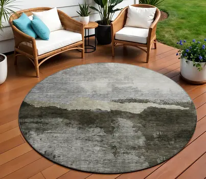 8' Taupe Gray And Black Round Abstract Washable Indoor Outdoor Area Rug