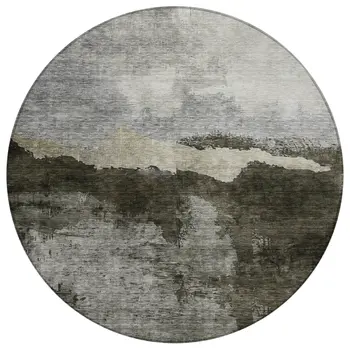 8' Taupe Gray And Black Round Abstract Washable Indoor Outdoor Area Rug