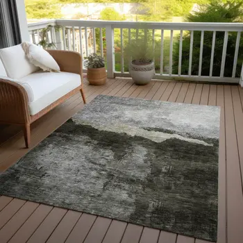 10' X 14' Taupe Gray And Black Abstract Washable Indoor Outdoor Area Rug