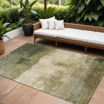 9' X 12' Fern Green And Beige Abstract Washable Indoor Outdoor Area Rug