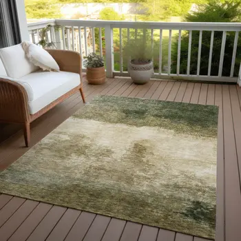 9' X 12' Fern Green And Beige Abstract Washable Indoor Outdoor Area Rug