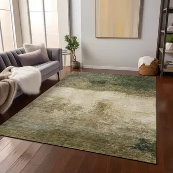 9' X 12' Fern Green And Beige Abstract Washable Indoor Outdoor Area Rug