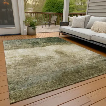 9' X 12' Fern Green And Beige Abstract Washable Indoor Outdoor Area Rug