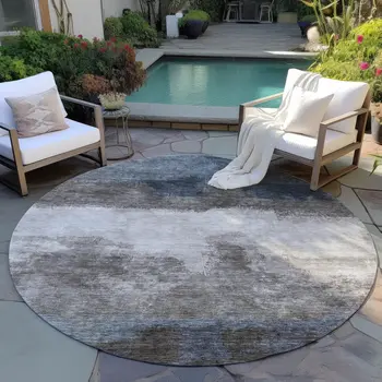 8' Gray Black And Brown Round Abstract Washable Indoor Outdoor Area Rug