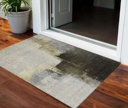 3' X 5' Khaki Light Green And Black Abstract Washable Indoor Outdoor Area Rug
