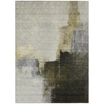 3' X 5' Khaki Light Green And Black Abstract Washable Indoor Outdoor Area Rug