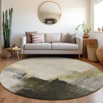 8' Khaki Light Green And Black Round Abstract Washable Indoor Outdoor Area Rug