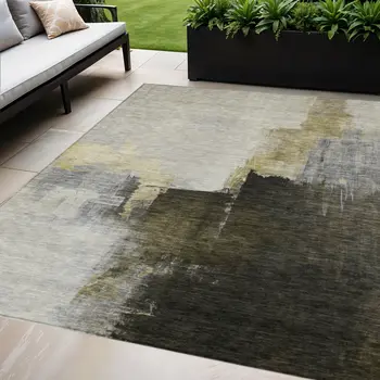 8' X 10' Khaki Light Green And Black Abstract Washable Indoor Outdoor Area Rug