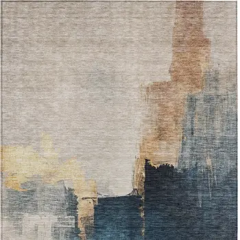 3' X 5' Taupe Black And Blue Abstract Washable Indoor Outdoor Area Rug