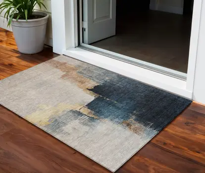 3' X 5' Taupe Black And Blue Abstract Washable Indoor Outdoor Area Rug