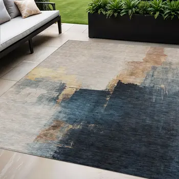 5' X 8' Taupe Black And Blue Abstract Washable Indoor Outdoor Area Rug