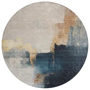8' Taupe Black And Blue Round Abstract Washable Indoor Outdoor Area Rug