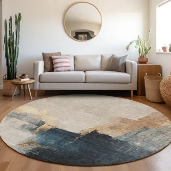 8' Taupe Black And Blue Round Abstract Washable Indoor Outdoor Area Rug