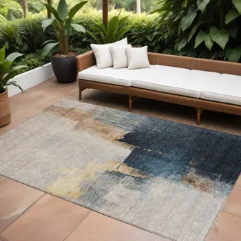 8' X 10' Taupe Black And Blue Abstract Washable Indoor Outdoor Area Rug