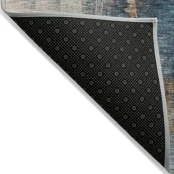 9' X 12' Taupe Black And Blue Abstract Washable Indoor Outdoor Area Rug