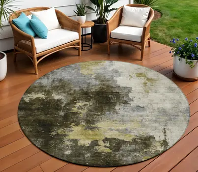8' Brown Light Gray And Black Round Abstract Washable Indoor Outdoor Area Rug