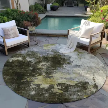 8' Brown Light Gray And Black Round Abstract Washable Indoor Outdoor Area Rug