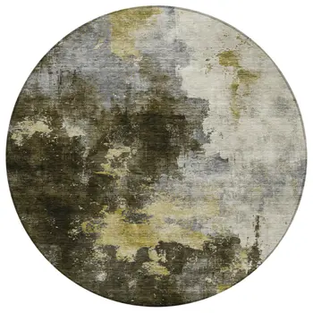 8' Brown Light Gray And Black Round Abstract Washable Indoor Outdoor Area Rug