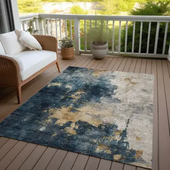 3' X 5' Blue Gray And Gold Abstract Washable Indoor Outdoor Area Rug