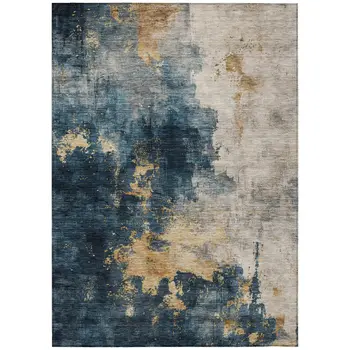 3' X 5' Blue Gray And Gold Abstract Washable Indoor Outdoor Area Rug