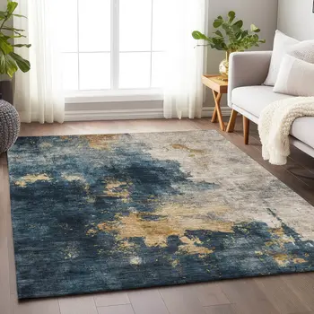 3' X 5' Blue Gray And Gold Abstract Washable Indoor Outdoor Area Rug
