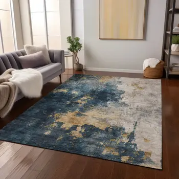 3' X 5' Blue Gray And Gold Abstract Washable Indoor Outdoor Area Rug