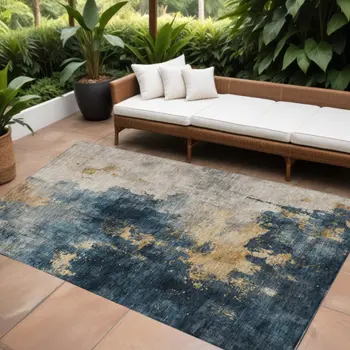 5' X 8' Blue Gray And Gold Abstract Washable Indoor Outdoor Area Rug