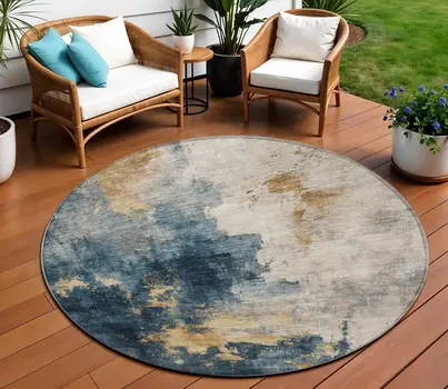 8' Blue Gray And Gold Round Abstract Washable Indoor Outdoor Area Rug