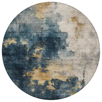 8' Blue Gray And Gold Round Abstract Washable Indoor Outdoor Area Rug