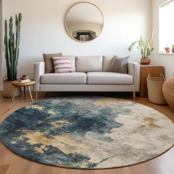 8' Blue Gray And Gold Round Abstract Washable Indoor Outdoor Area Rug