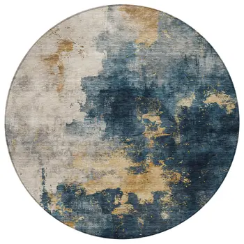 8' Blue Gray And Gold Round Abstract Washable Indoor Outdoor Area Rug