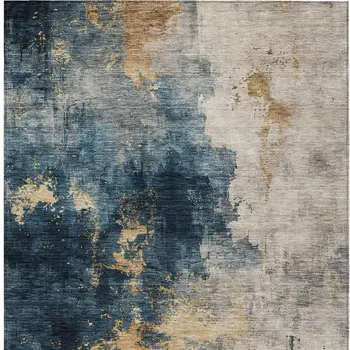 9' X 12' Blue Gray And Gold Abstract Washable Indoor Outdoor Area Rug