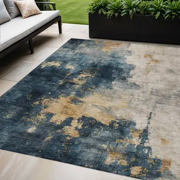 10' X 14' Blue Gray And Gold Abstract Washable Indoor Outdoor Area Rug