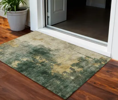 3' X 5' Fern Green And Gold Abstract Washable Indoor Outdoor Area Rug