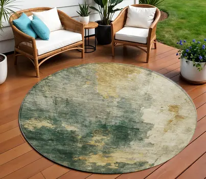 8' Fern Green And Gold Round Abstract Washable Indoor Outdoor Area Rug