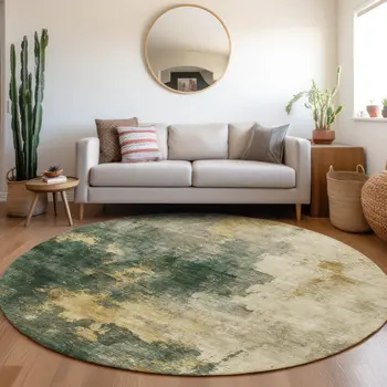 8' Fern Green And Gold Round Abstract Washable Indoor Outdoor Area Rug